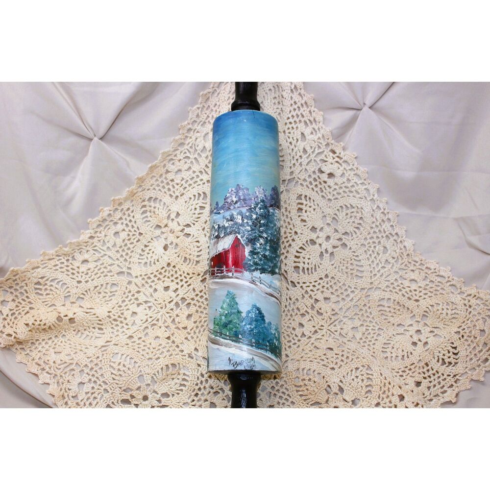 1984 Folk Hand Painted VTG Rolling Pin Winter Time Signed 'J. Barnum 1984' READ